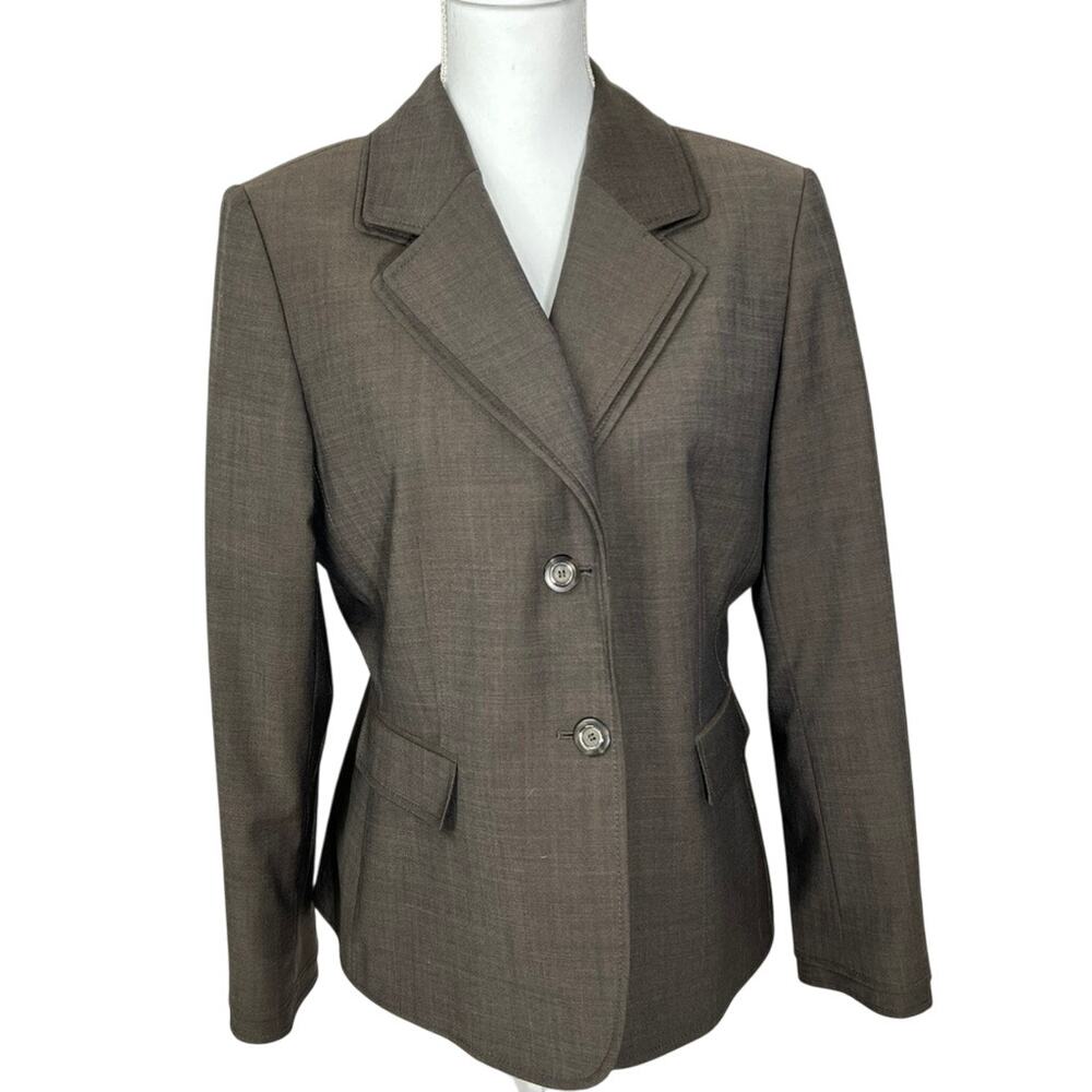 Tahari Dark Brown 2 Button Long Sleeve Lined Faux Pockets Blazer Top Size 12P